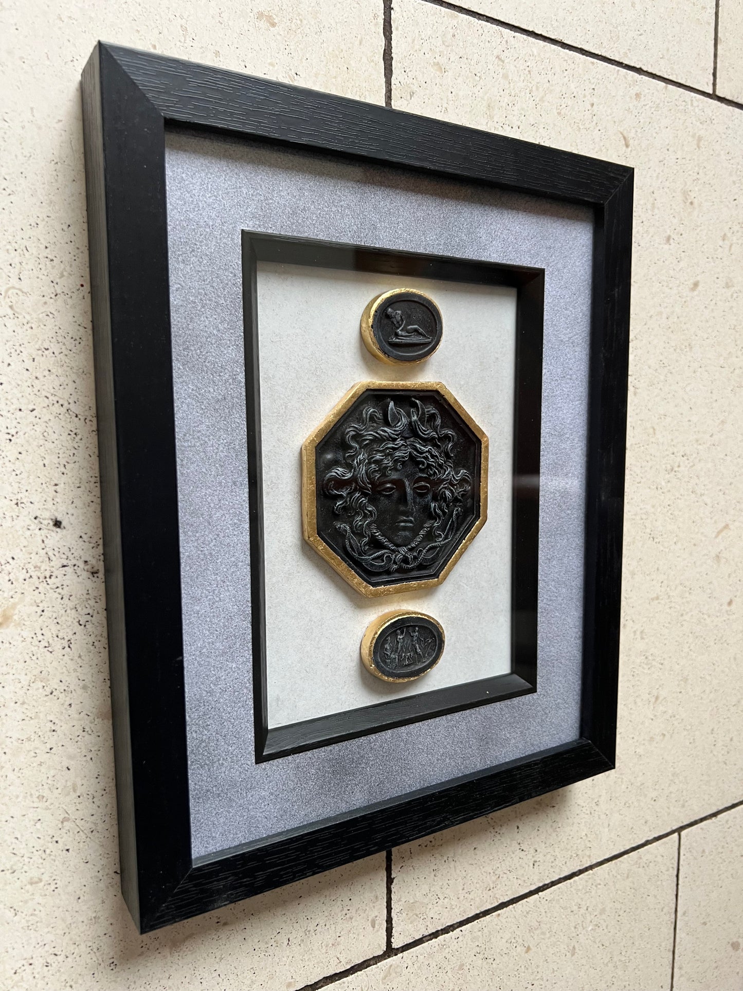 Set of Three Black Intaglio's In Black Frame