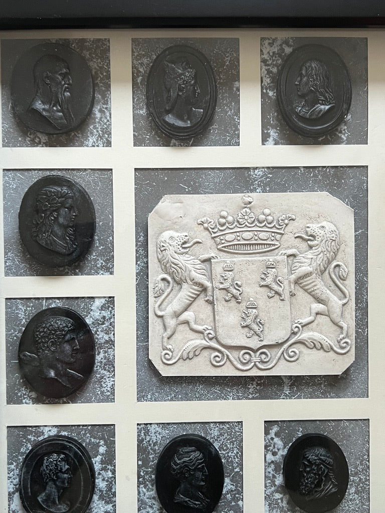 Set Of Framed Black And White Cameos And Coat Of Arms