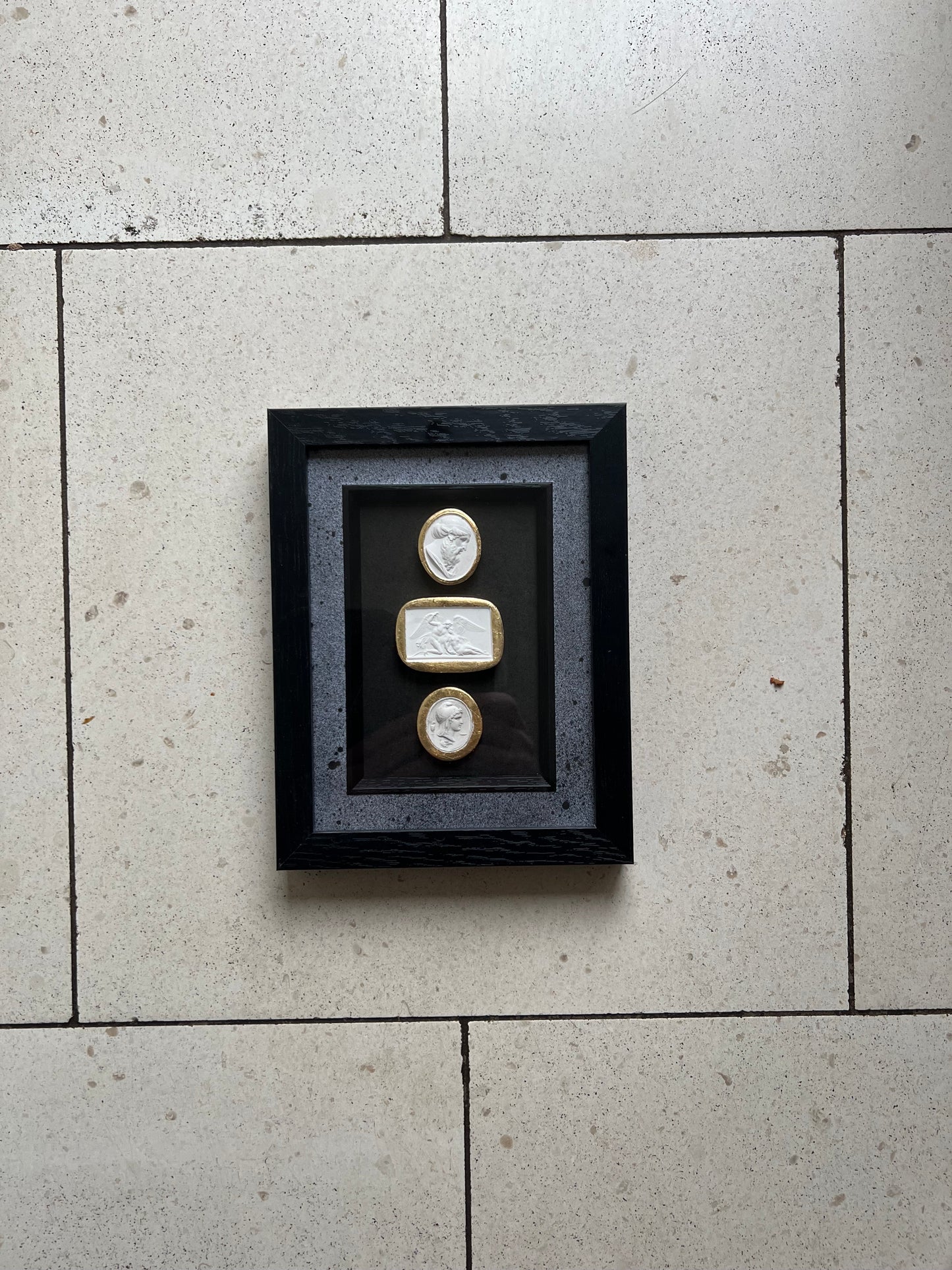 Set of 3 White And Gold leaf Intaglio's In Black Frame