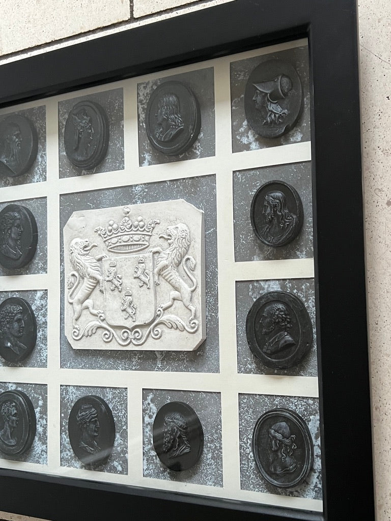 Set Of Framed Black And White Cameos And Coat Of Arms