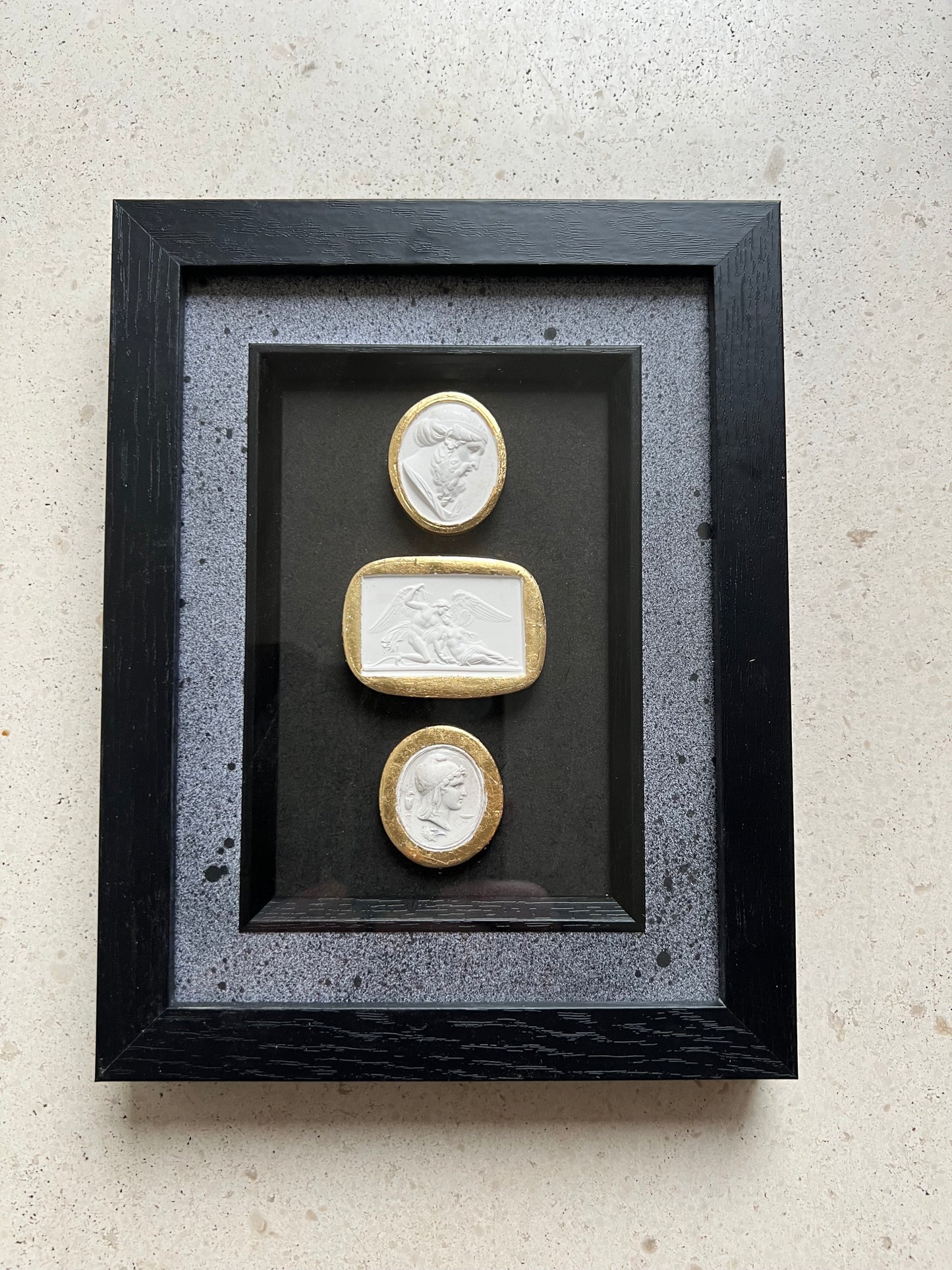 Set of 3 White And Gold leaf Intaglio's In Black Frame