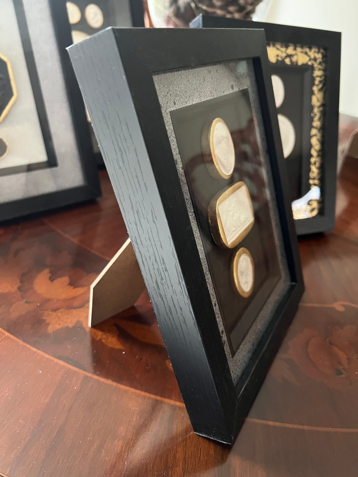 Set of 3 White And Gold leaf Intaglio's In Black Frame