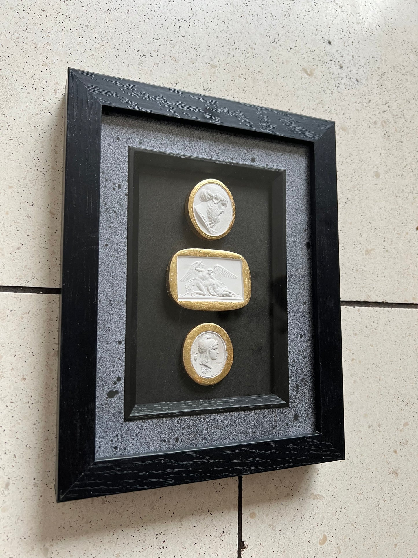 Set of 3 White And Gold leaf Intaglio's In Black Frame