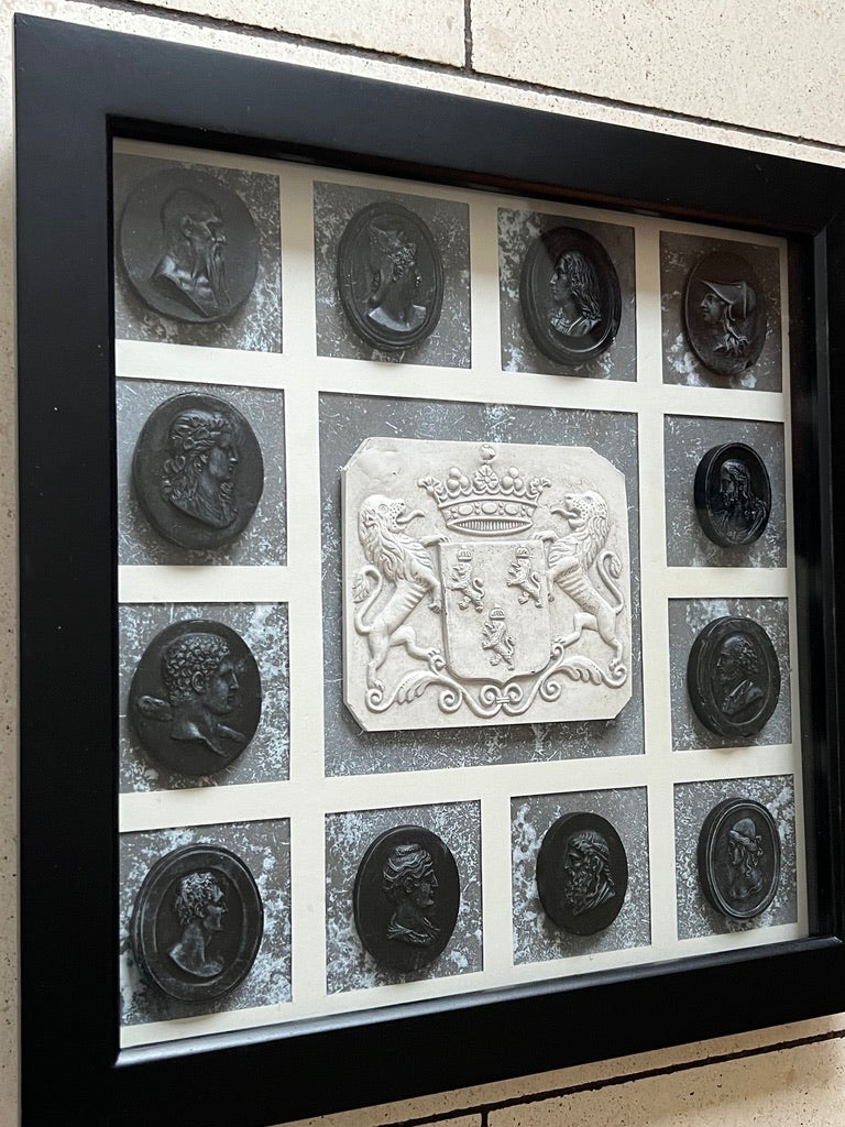 Set Of Framed Black And White Cameos And Coat Of Arms