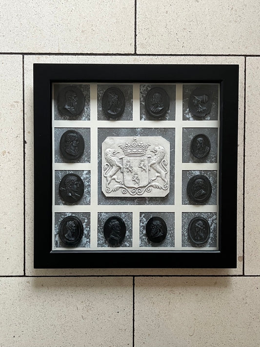 Set Of Framed Black And White Cameos And Coat Of Arms